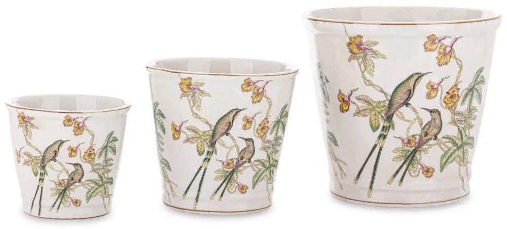 Törtfehér vintage szögletes porcelán 3db-os virágtartó kaspó szett kolibrikkel festve 12x13,5x13,5 / 17,5x16x16 / 21x23x23cm