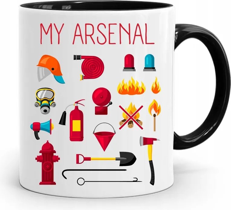 Bögre Fekete Ajándék Tűzoltónak Az Én Arzenálom fényképes nyomtatással