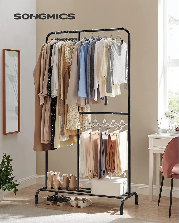 Ruhatartó, ruhaállvány állítható akasztórúddal, fekete