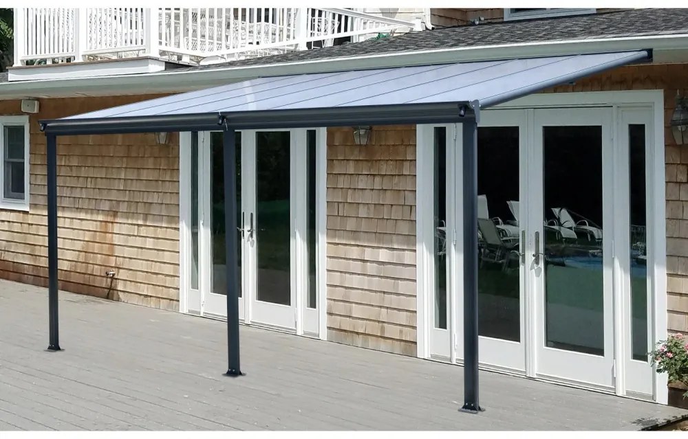 LanitPlast WALL 53 Alumínium pergola a falhoz, méretek 4,96 x 3 m, antracit színű, tető - polikarbonát opal 6 mm