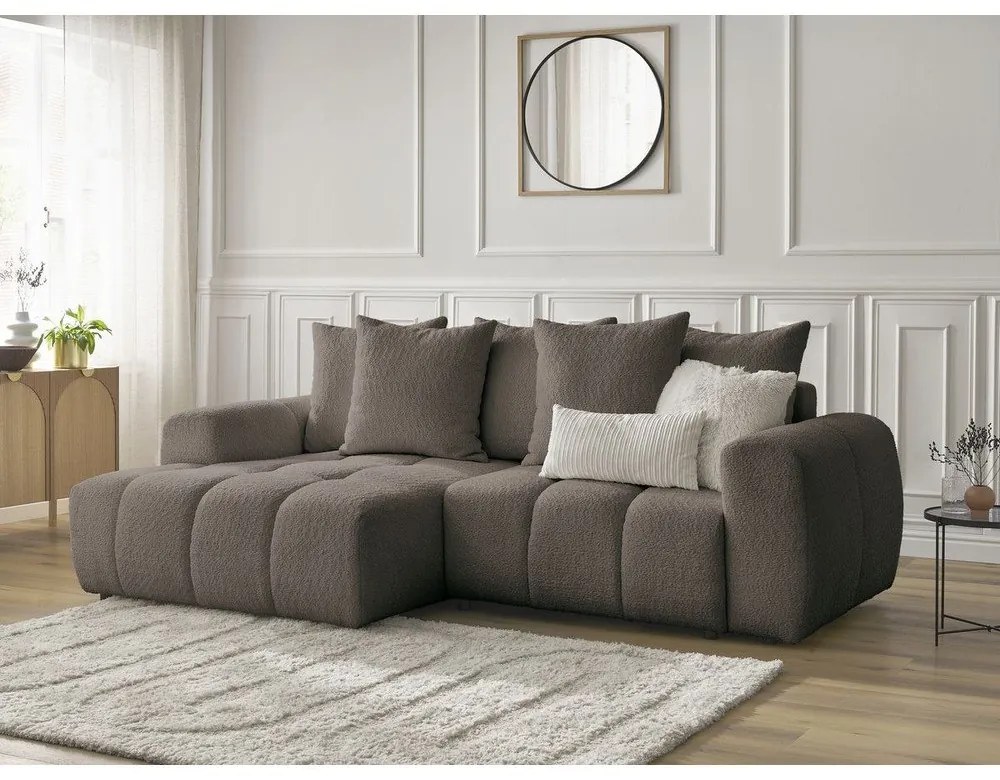 Barna buklé kinyitható-tárolóhelyes sarokkanapé (bal oldali-heverő résszel) Roxelane – Bobochic Paris