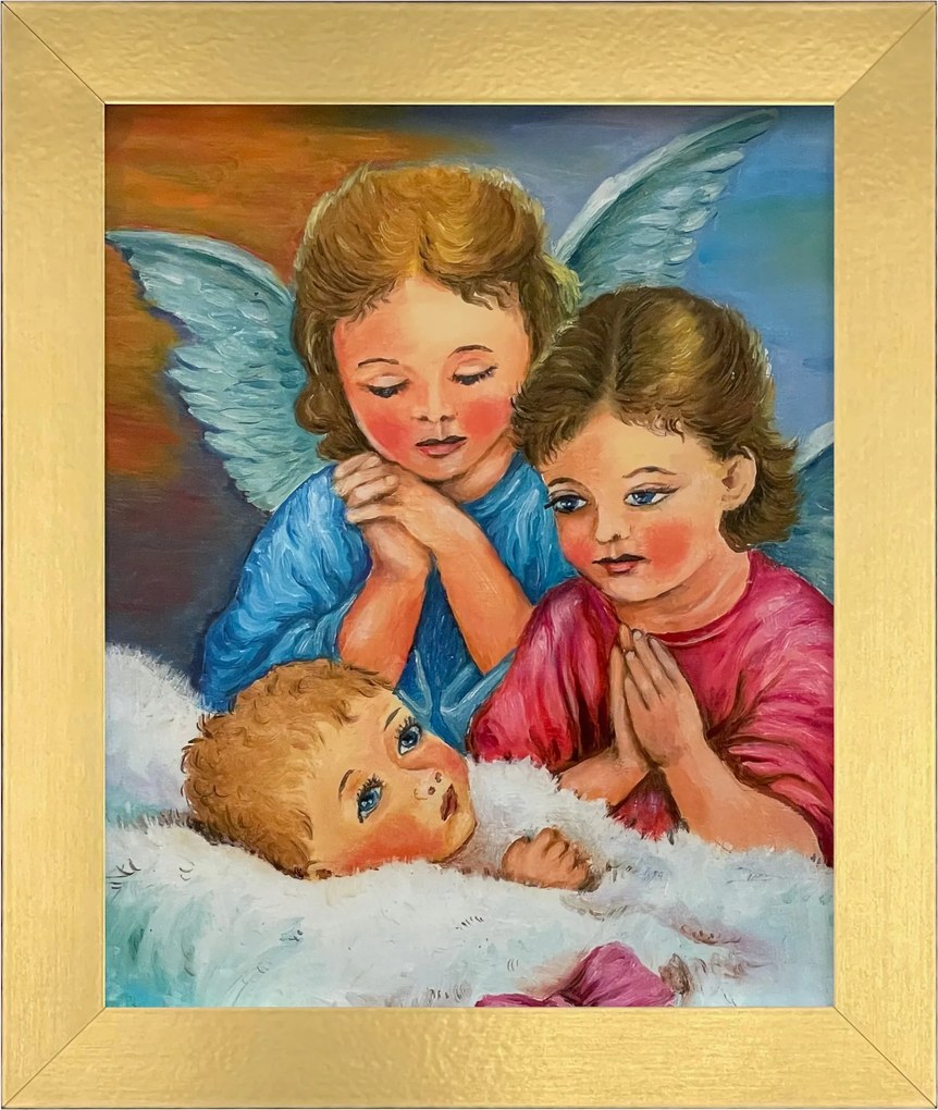 Vászonkép 30x25 Őrangyal Arany Keresztelő Keret