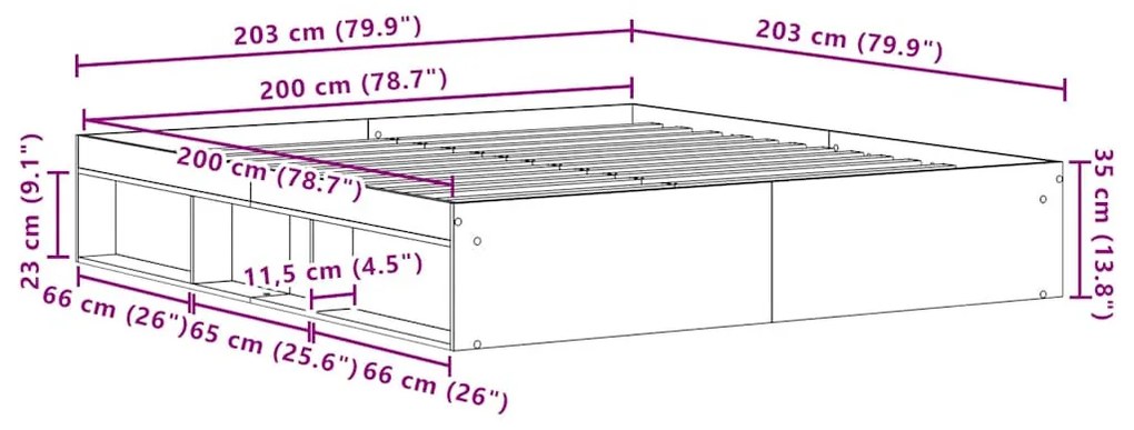 fekete tölgy színű szerelt fa ágykeret matrac nélkül 200x200 cm