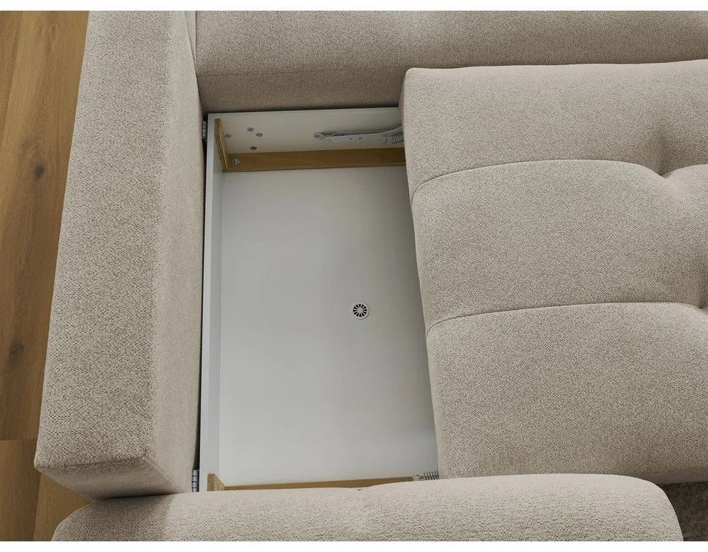 Bézs zsenília kinyitható-tárolóhelyes sarokkanapé (jobb oldali-heverő résszel) Roxelane – Bobochic Paris