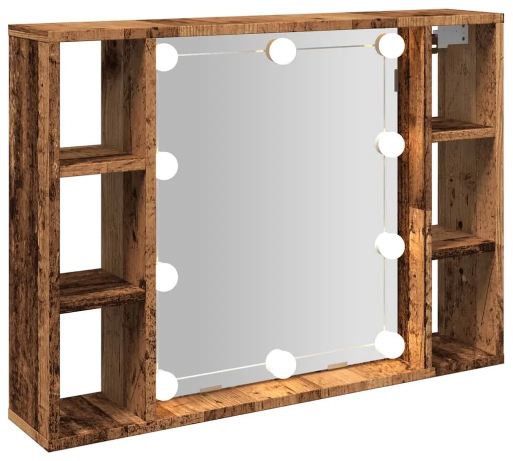 antik fa színű szerelt fa tükrös szekrény LED-ekkel 76x15x55 cm