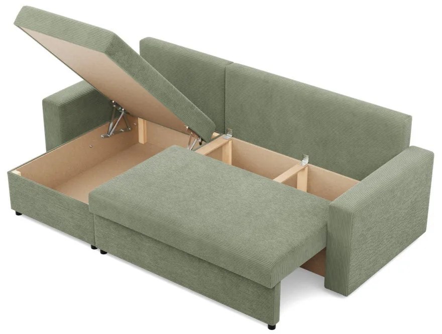 Zeus sarokkanapé, 2 ágyneműtartóval, egyenes kartámasz, kordbársony, univerzális oldal, bonell töltet, zöld