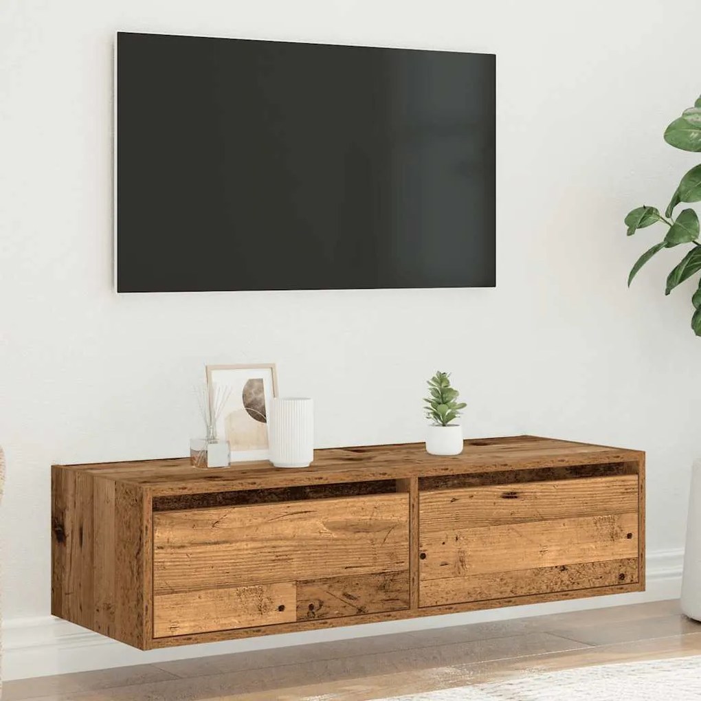TV szekrény LED világítással régi fa 100X35,5x25 cm