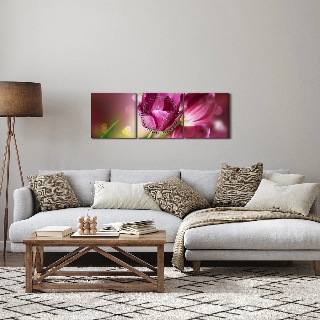 Rózsaszín tulipánok képe (órával) (90x30 cm)