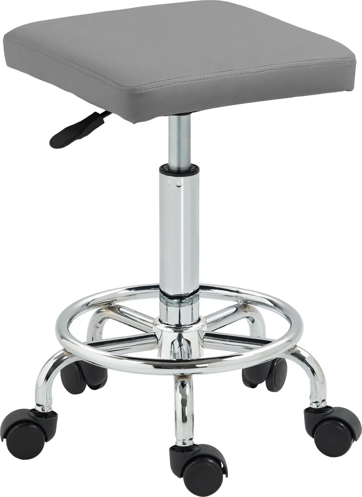 HOMCOM Forgószék Kerekekkel, Magasságállító 50-66 cm, Párnázott Műbőr Ülés és Lábtartó Nappalikhoz és Műhelyekhez, Szürke | Aosom