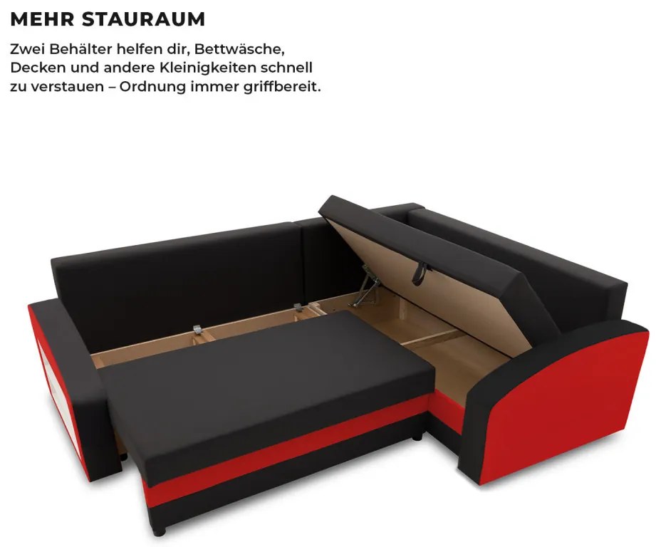 Grande sarokkanapé polcokkal , polc a bal karfaban, jobboldali, szövet anyag, bonell töltet, fekete - piros