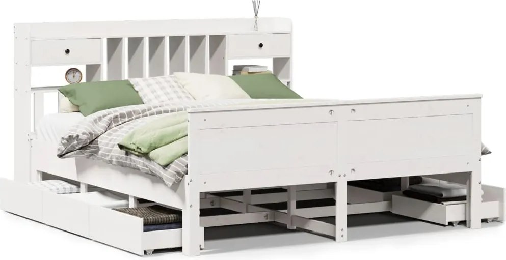 vidaXL fehér tömör fenyőfa könyvespolcos ágy matrac nélkül 180x200 cm