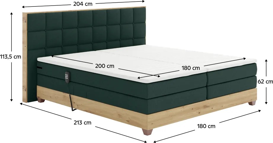 Elektromos állítható ágy, boxspring, zöld/artisan tölgy, 180x200, TIANA