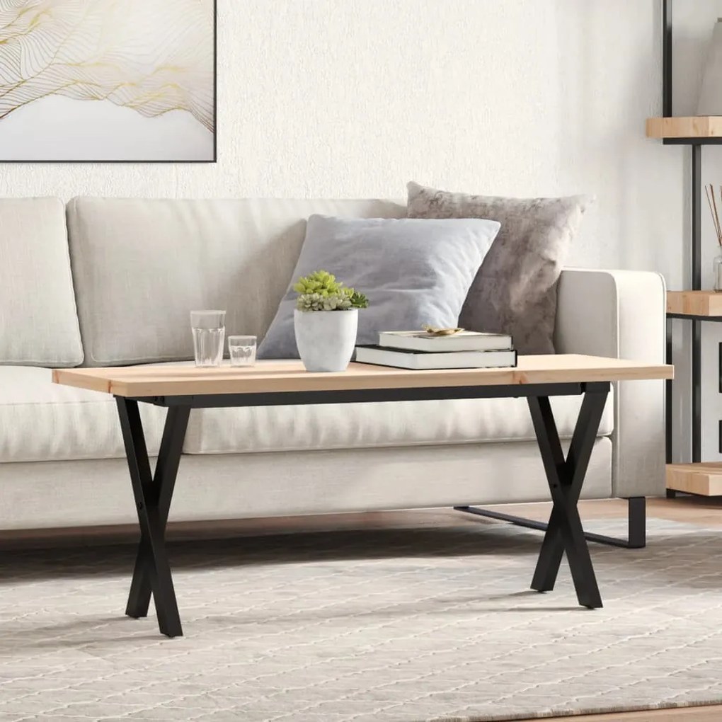 Tömör fenyőfa és acél X-vázú dohányzóasztal 110x40x45,5 cm