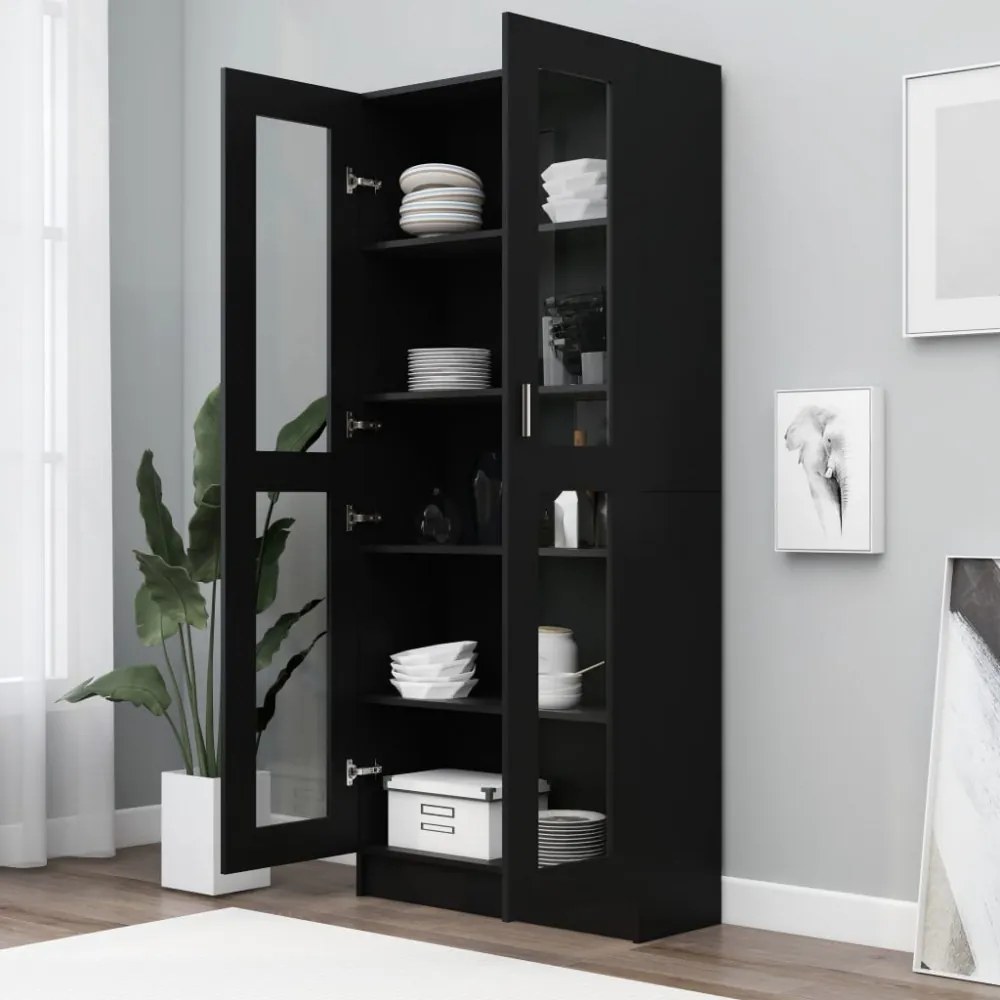 fekete szerelt fa vitrinszekrény 82,5 x 30,5 x 185,5 cm