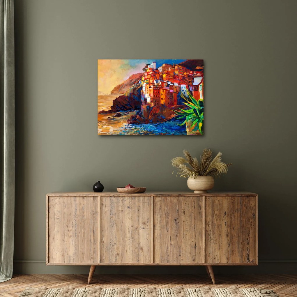 Kép - Falu Cinque Terre partján, az olasz riviérán, modern impresszionizmus (70x50 cm)