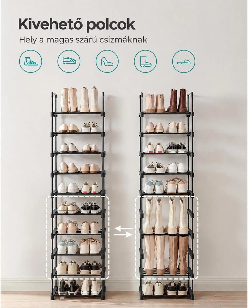 10 szintes keskeny cipőtartó, moduláris fém cipőtároló akár 20 pár cipőhöz, 45 x 30 x 174 cm, fekete