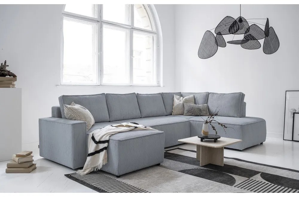 Világosszürke kordbársony kinyitható sarokkanapé (jobb oldali-U alakú) Brave Dave – Miuform