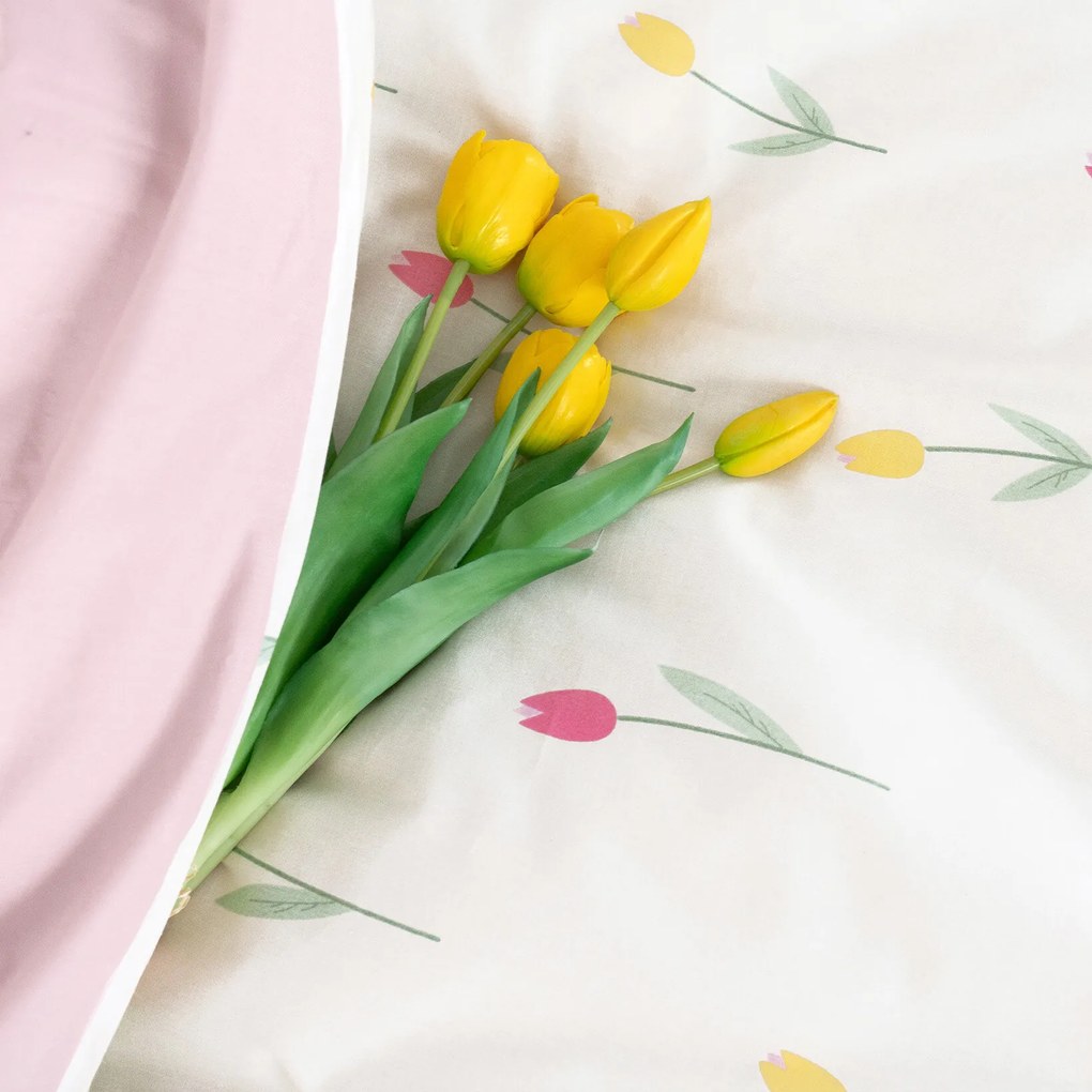 Goldea pamut ágyneműhuzat duo - tulipánok, púderrózsaszín hátoldal 150 x 200 és 50 x 60 cm