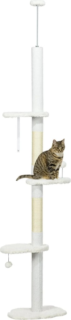 PawHut Kaparófa, Macska Fa Földtől a Mennyezetig, Macska Kaparófa, 225-255 cm, Mászófa Játékballal, Zsút Kötélposztokkal, Hintaágy, Macska Létra, Macs