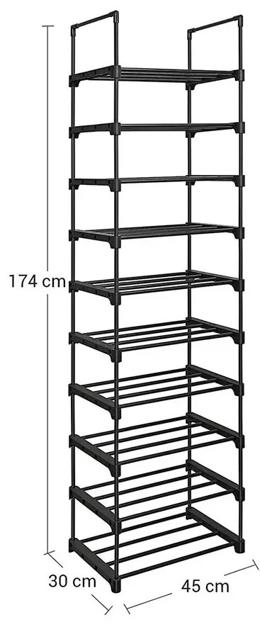 TUBE halmozható cipőállvány, 10 polc, 45x30x174cm, fekete SongmicsHome