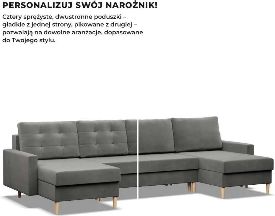 Etna U alakú sarokkanapé, 3 ágyneműtartóval, bársony, univerzális oldal, bonell töltet, világosszürke