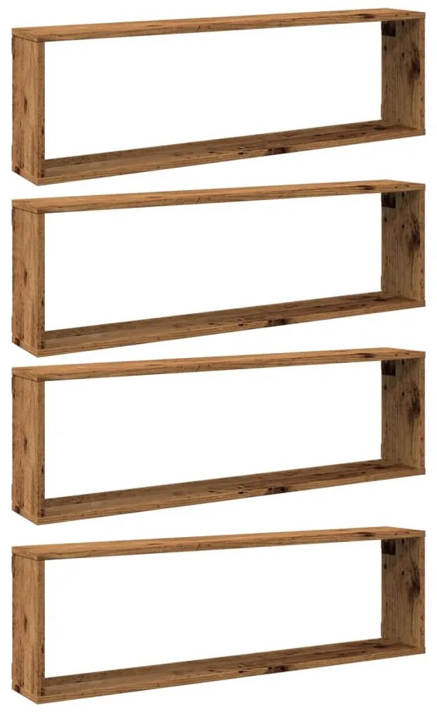 4 db antik fa színű szerelt fa fali kockapolc 100 x 15 x 30 cm