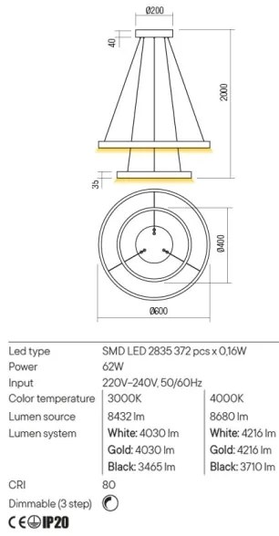 Redo 01-2889 - LED Dimmelhető csillár zsinóron FEBE LED/62W/230V arany