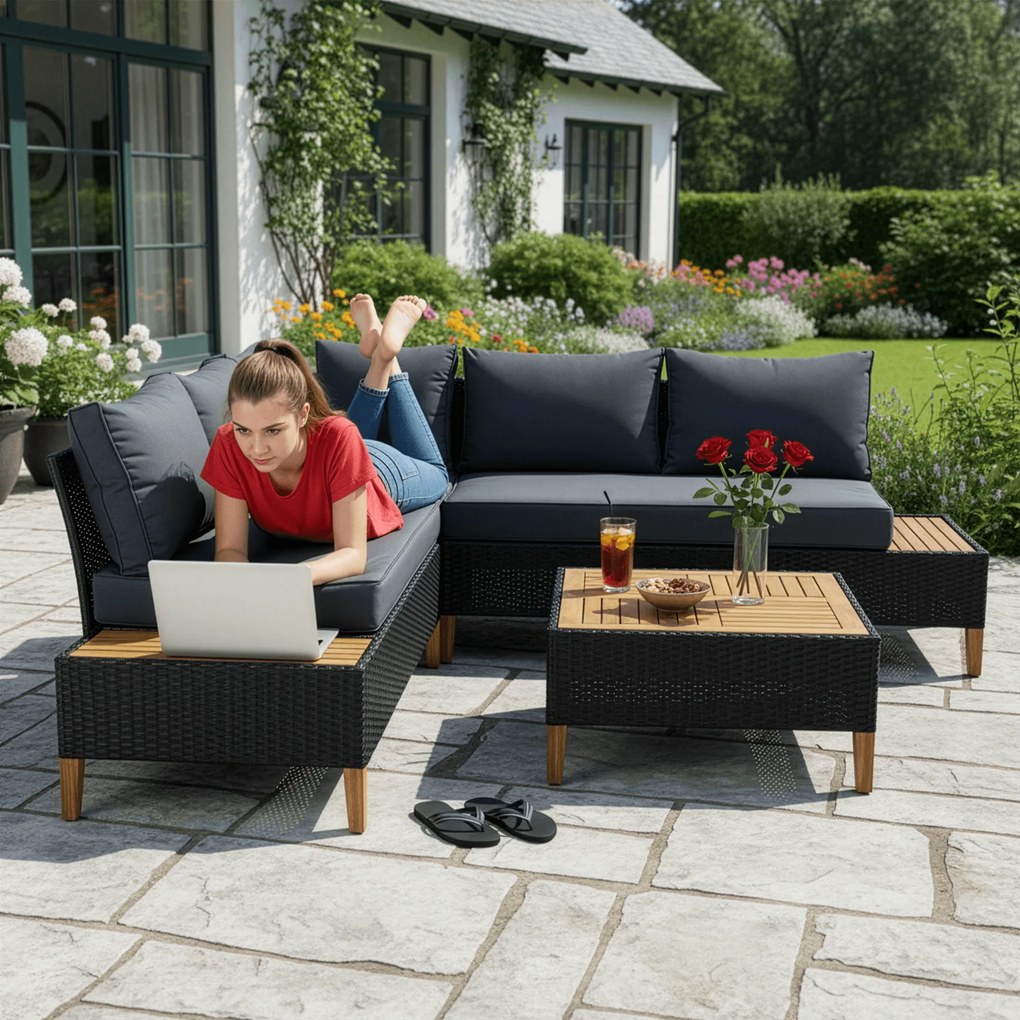 Kerti rattan szett, akácfa, fekete/szürke/természetes, MALKOM