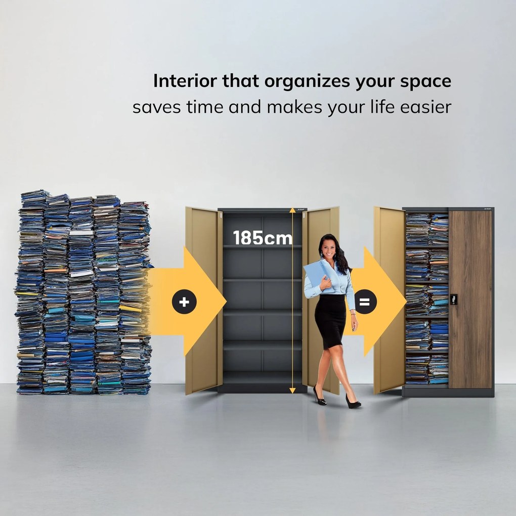 Fém iratszekrény JAN, 900 x 1850 x 400 mm, Eco Design: antracit/ dió