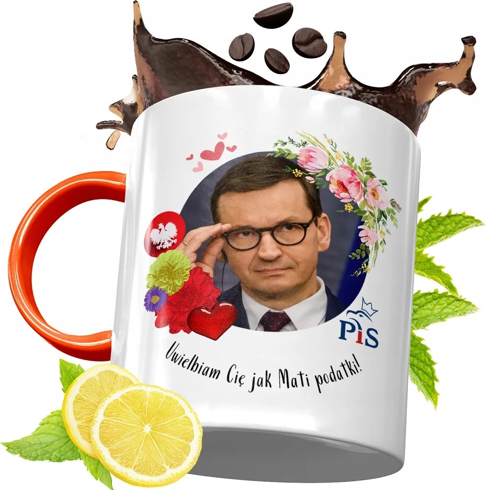 Narancssárga Bögre Mateusz Morawiecki Ajándék fényképes nyomtatással