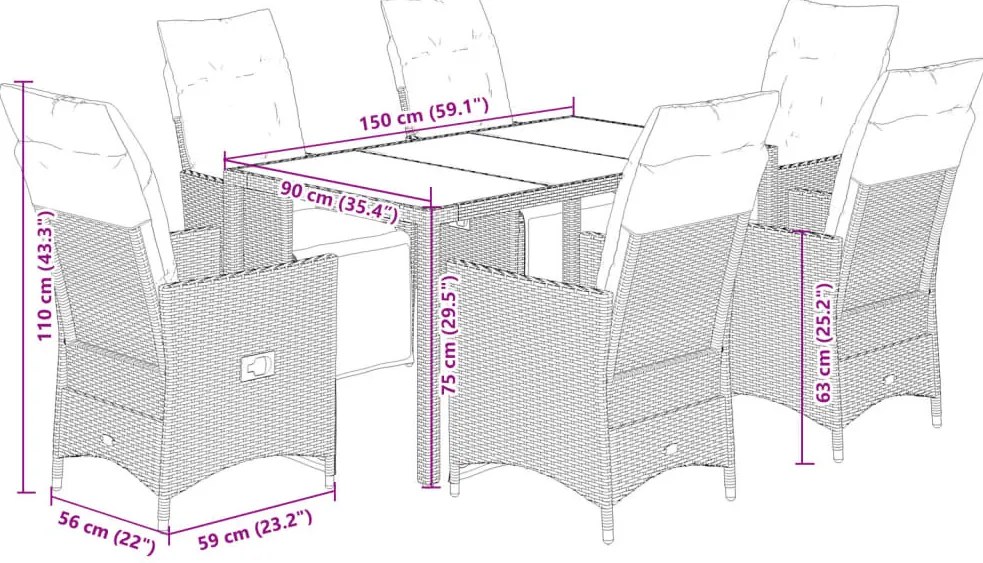 vidaXL 7 részes barna polyrattan kerti bisztrógarnitúra párnákkal