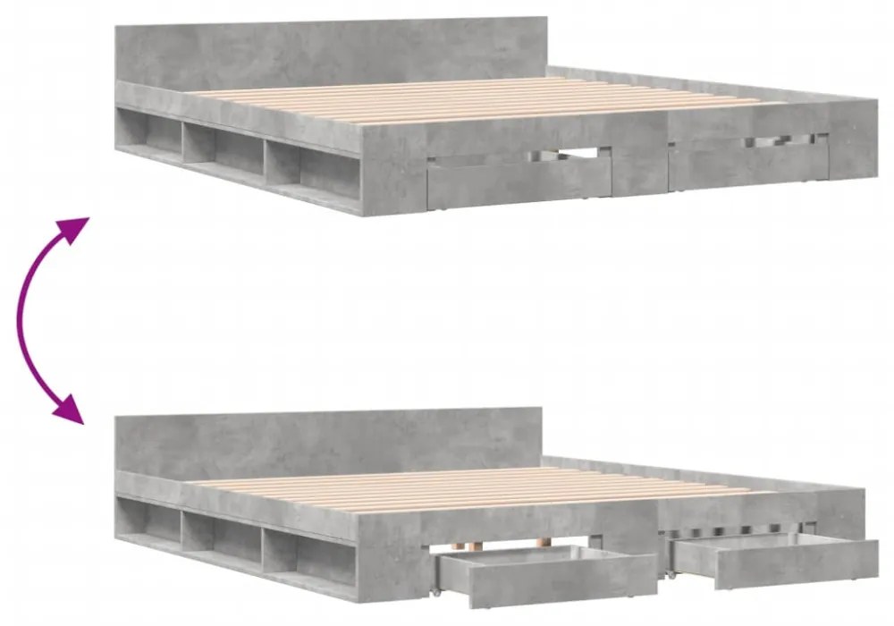 betonszürke szerelt fa ágykeret fiókokkal 200 x 200 cm
