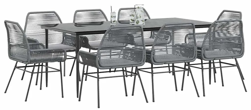 9 részes szürke polyrattan üveg kerti étkezőgarnitúra párnával