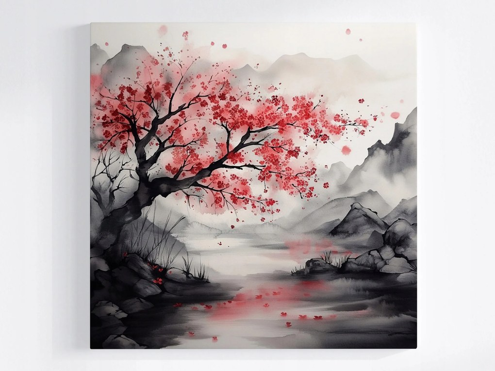 Poszter Ázsia Hegyek Tó Cseresznyefa Sakura Zen 80x80