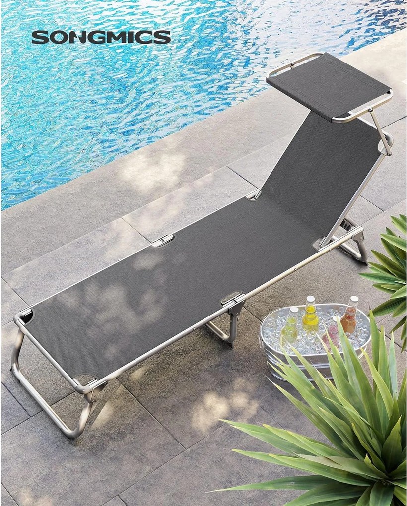 Napozóágy 55x193x31 cm, állítható napozóágy napellenzővel, füstszürke