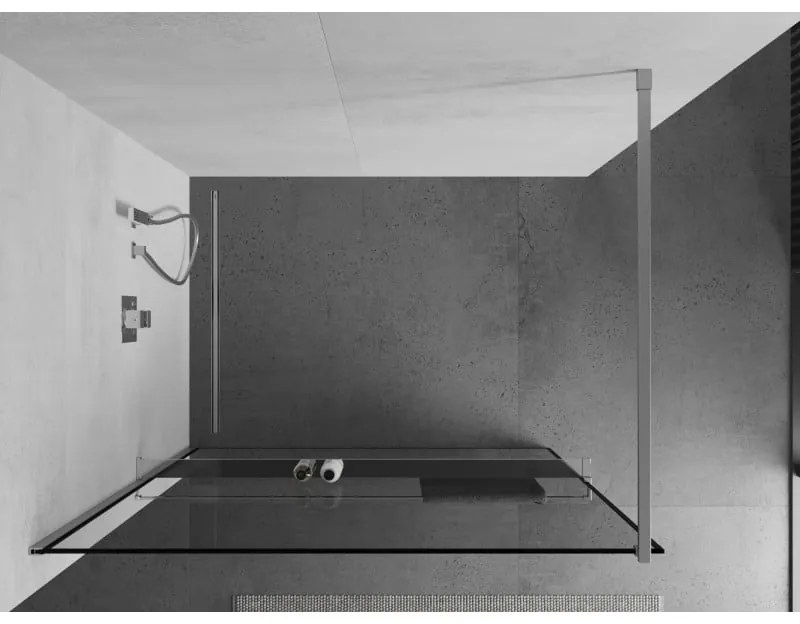 Mexen Kioto +, zuhany paraván polccal és törölközőtartóval 110 x 200 cm, 8mm átlátszó üvegmintás fekete keret, króm profil, 800-110-121-01-70