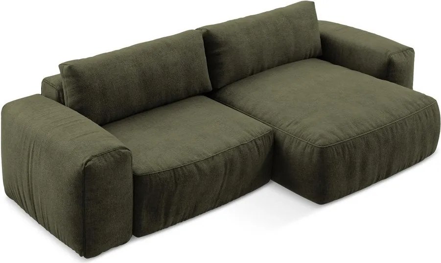 Zöld zsenília kinyitható sarokkanapé (jobb oldali-heverő résszel) Kuki – Makamii