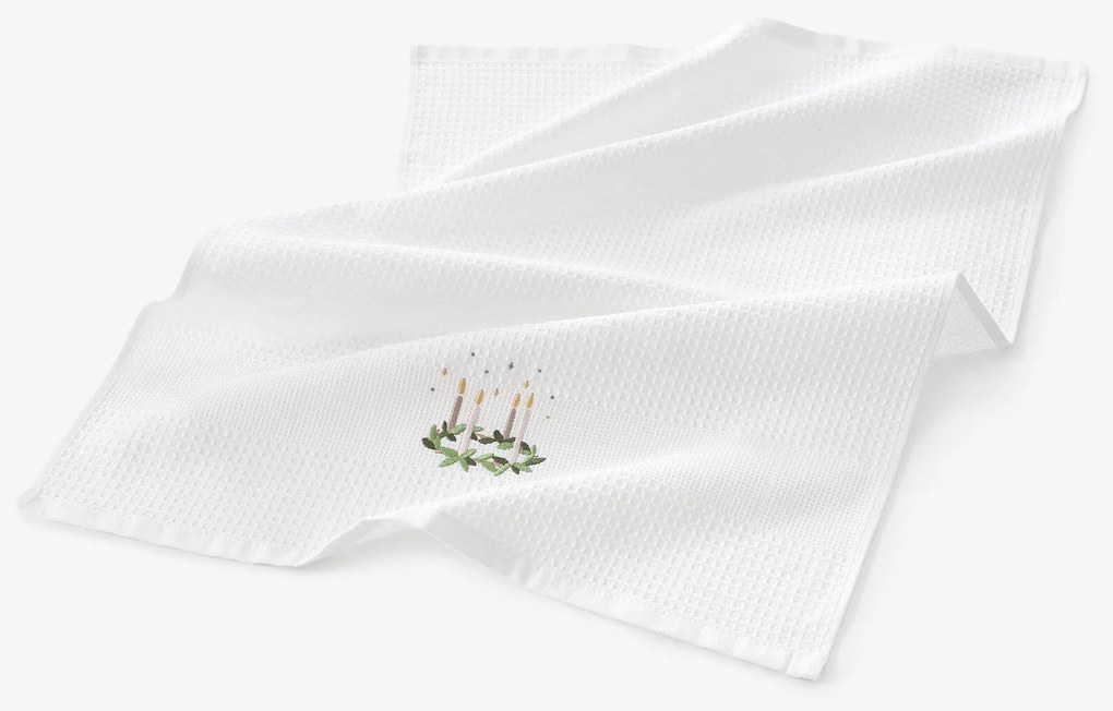 Goldea karácsonyi hímzett waffle konyharuha - adventi koszorú fehér alapon 50 x 70 cm