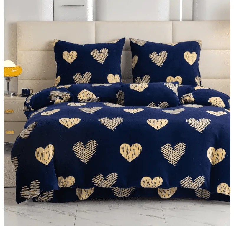 Mikroplüss ágyneműhuzat GOLDEN HEARTS sötétkék Ágyneműhuzat mérete: 2 db 70 x 90 cm | 200 x 220 cm