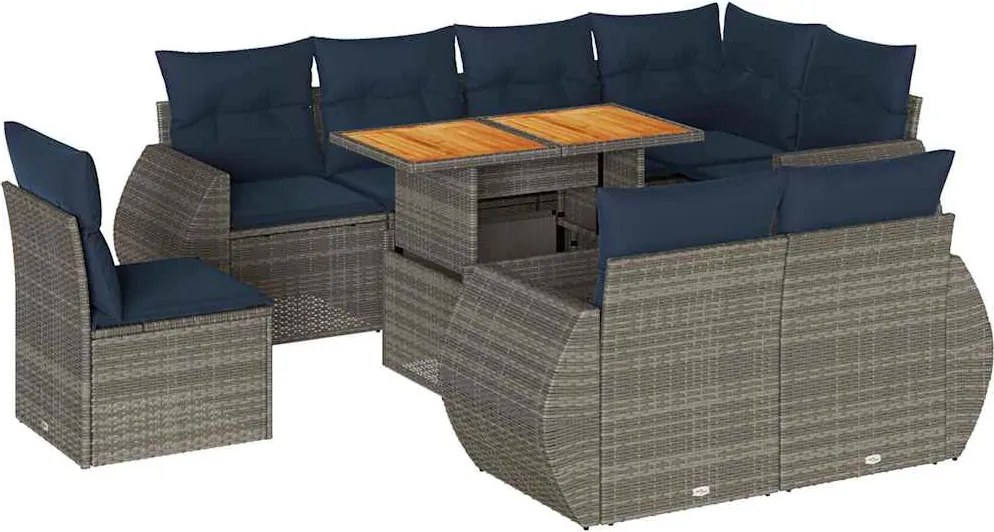 vidaXL 9 részes szürke polyrattan kerti ülőgarnitúra párnákkal