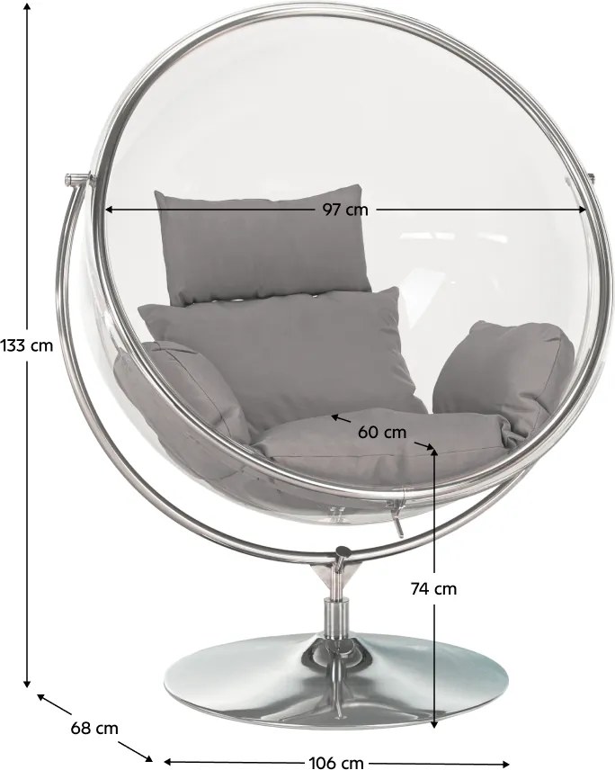 Függő fotel állvánnyal, átlátszó/ezüst/szürke, BUBBLE NEW TYP 2