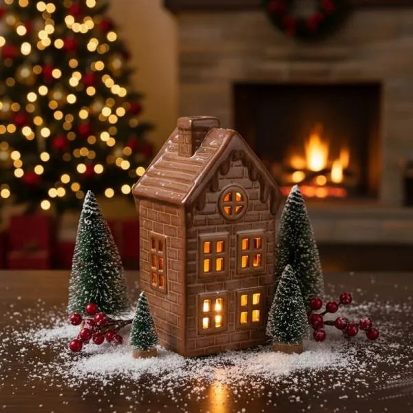 Porcelán házikó ledes világítással - 13,2x6,5x7,7 cm - kék