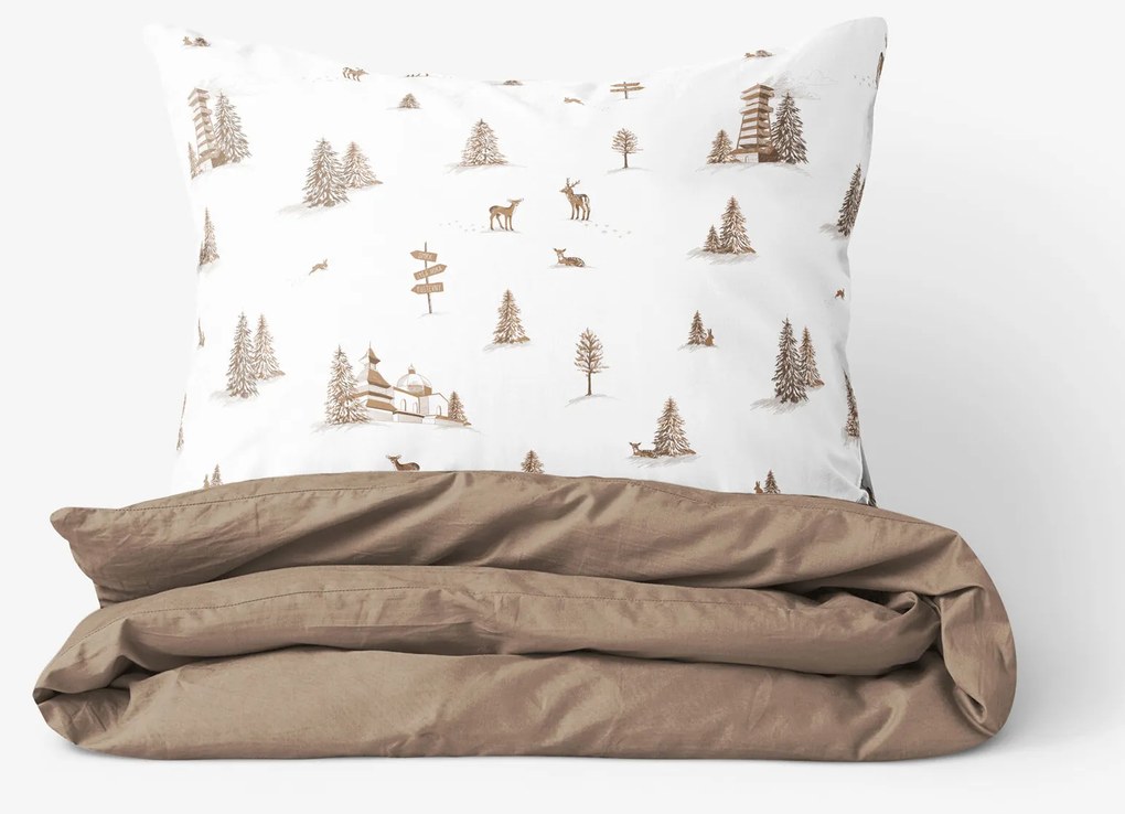 Goldea karácsonyi pamut ágyneműhuzat duo - hegyvidéki táj, kávébarna színű hátoldal 140 x 220 és 70 x 90 cm