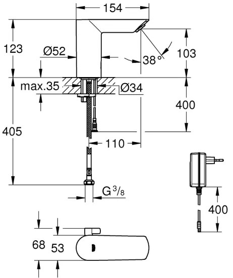 GROHE 36453000 - Infra elektromos mosdócsaptelep BAU COSMOPOLITAN E 123 mm króm