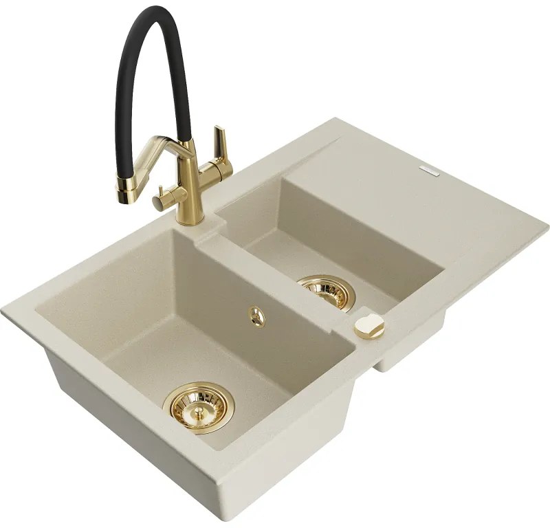 Mexen Gaspar 1,5 rekeszes gránit mosogató csepegtetővel és Duo konyhai csappal, bézs - 6507-69-671701-57-G