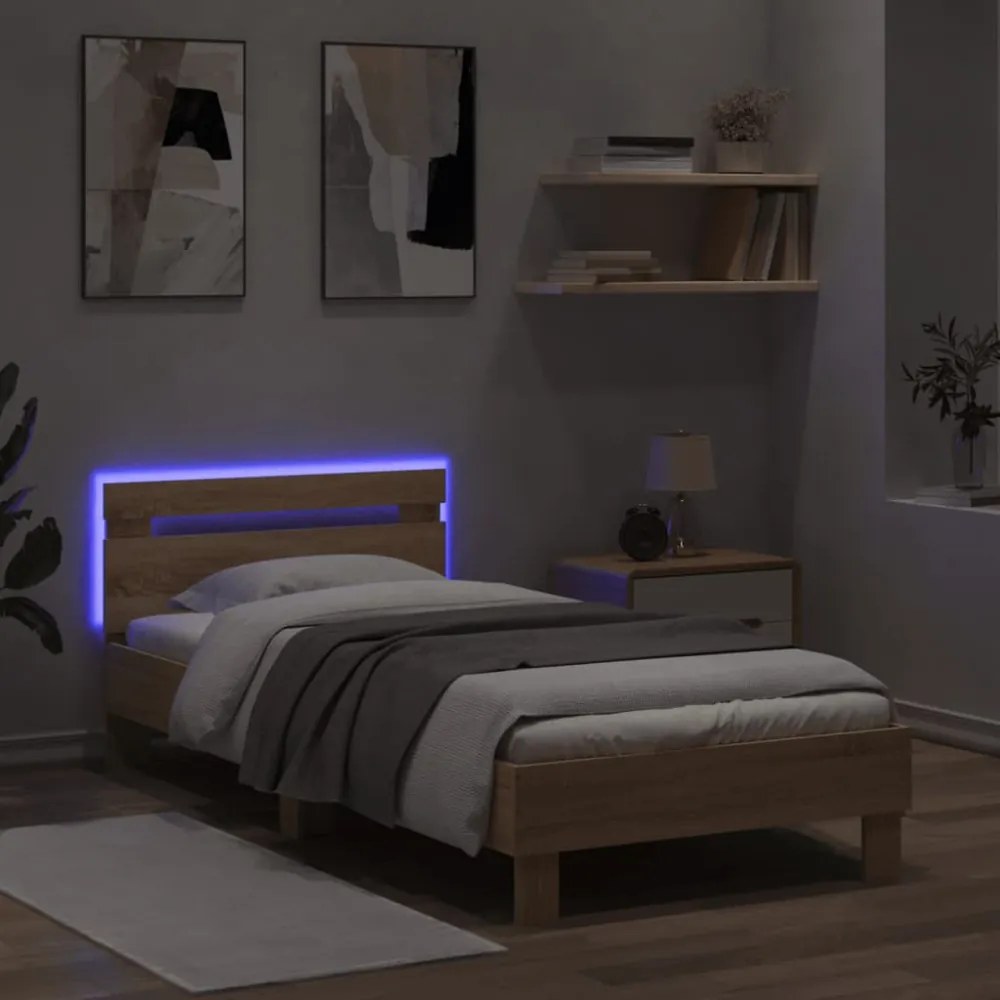 sonoma tölgy színű ágykeret fejtámlával és LED-ekkel 90x200 cm
