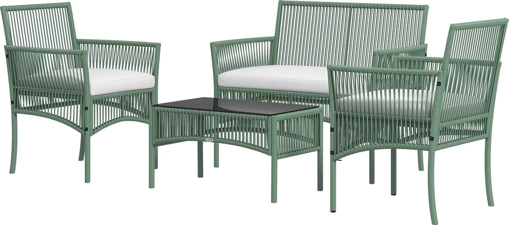 Outsunny 4 darabos Rattan Kertikészlet, Kültéri Készlet 2 Kültéri Karosszékkel, Kerti Sofával és Kerti Kávézóasztallal, Zöld és Fekete | Aosom