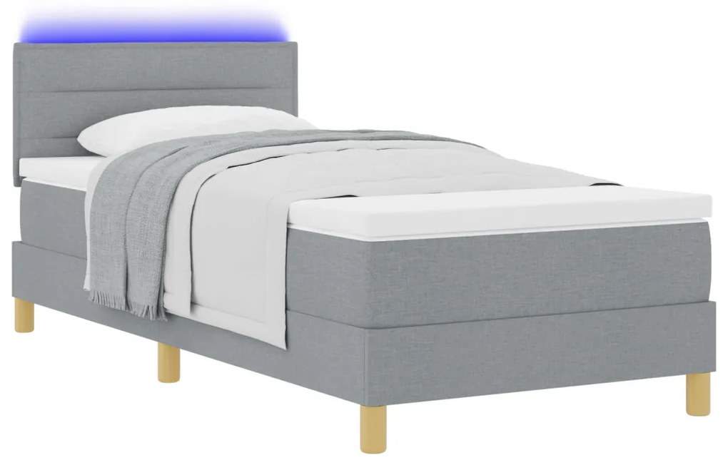Box Spring ágy matraccal és LED világítással, világosszürke, 100x200 cm, szövet