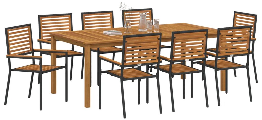 9 darabos Kerti Étkező Szett Fekete Polyrattan Akácia