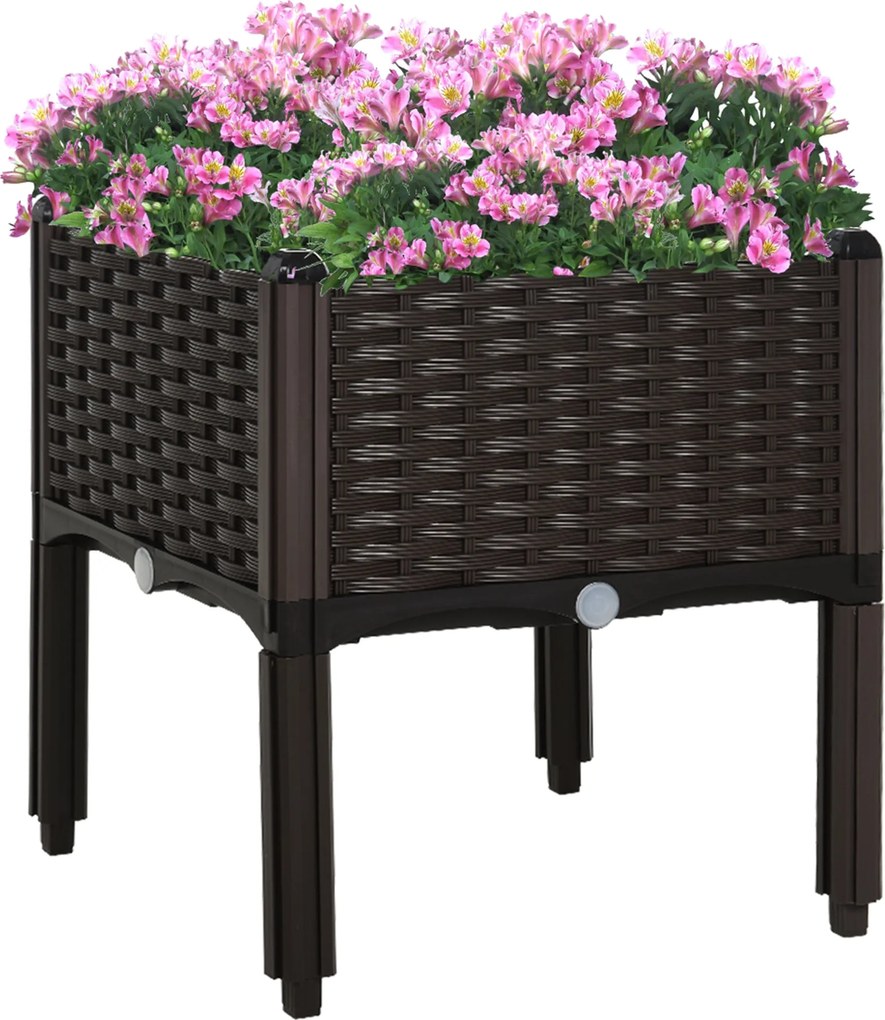Outsunny Emelt Ágyás, Virágcserép Leeresztő Lyukkal, Rattan Hatású Virágtartó, Műanyag, Barna, 40 x 40 x 44 cm | Aosom